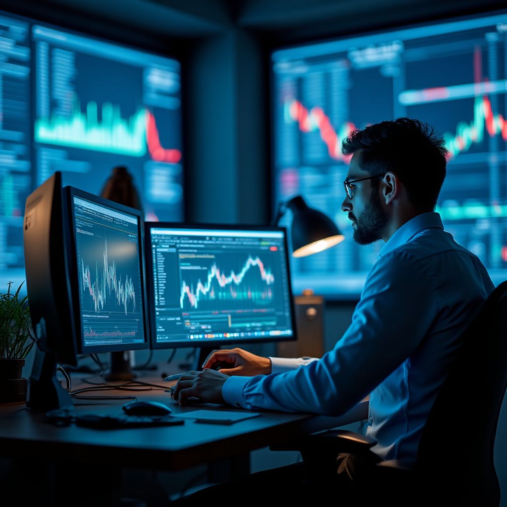 Analista financiero trabajando con múltiples pantallas